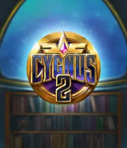 Explore the magical visuals of ELK Studios' Cygnus 2 Slot, showcasing a luxurious golden emblem with a vibrant purple and gold design. Set against a celestial library backdrop, this graphic evokes the essence of adventure and mystery. 